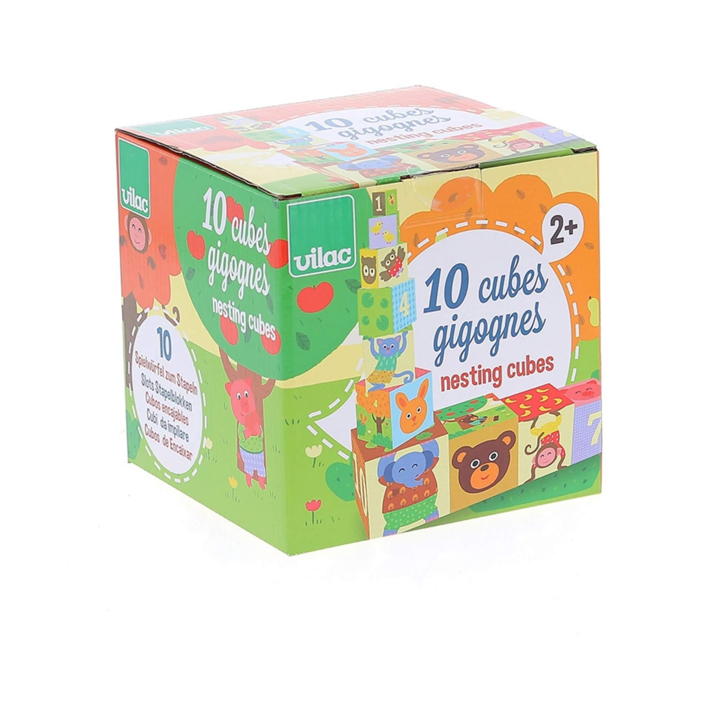 Several colourful cardboard cubes displayed alongside their packaging, each featuring numbers, animals, and themed illustrations.