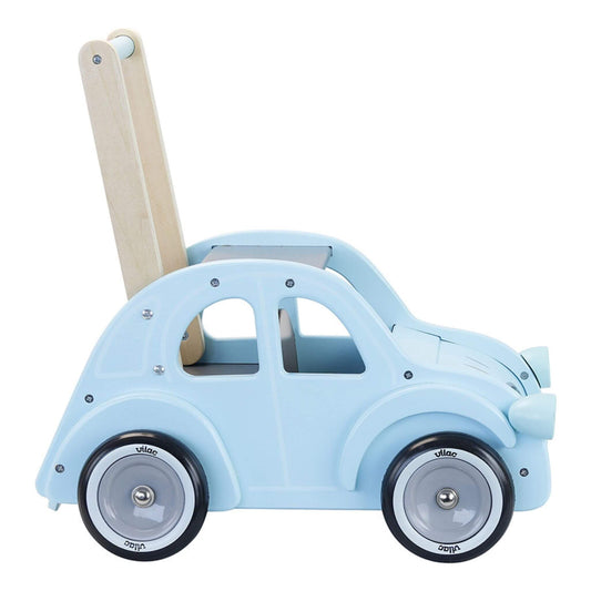 Side view of a wooden baby walker shaped like a pale blue car with four wheels and a tall wooden push handle.