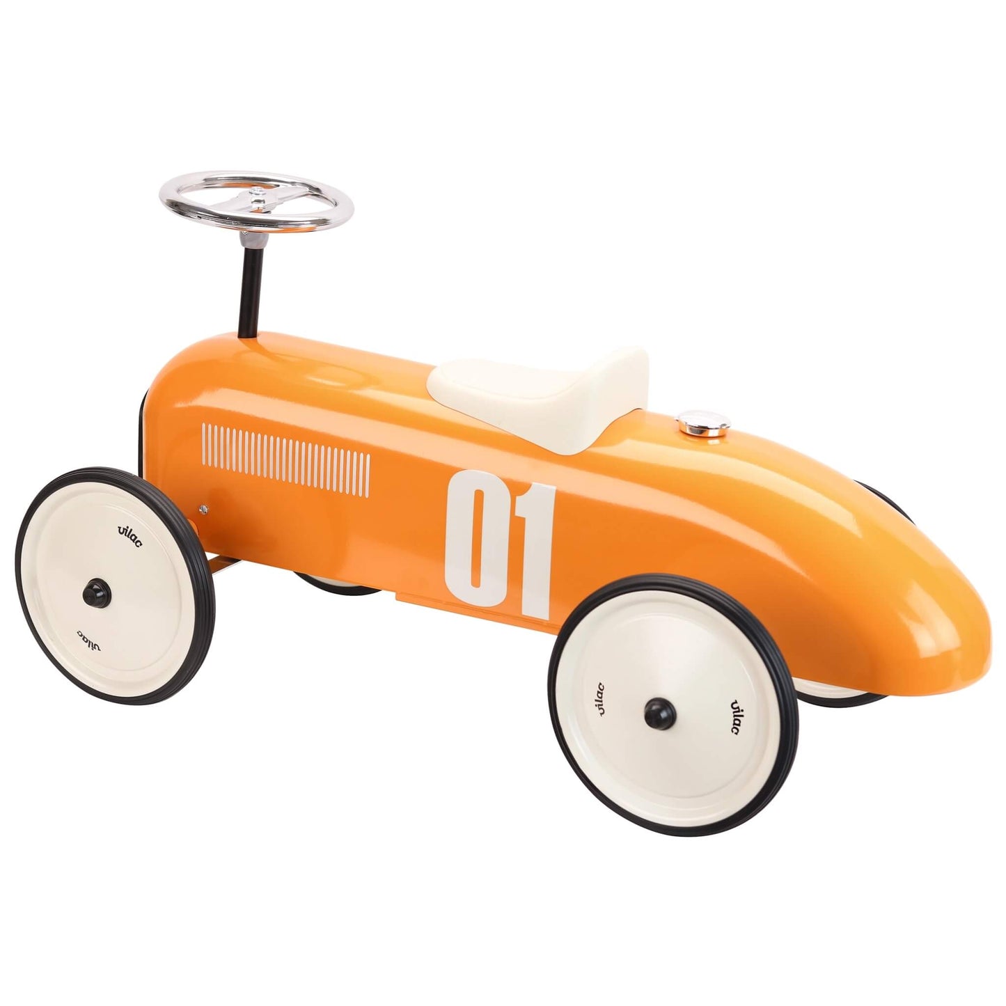 A rear angled view of an orange ride-on toy car with a smooth curved body, cream seat, chrome fuel cap and white number 01 on the side.