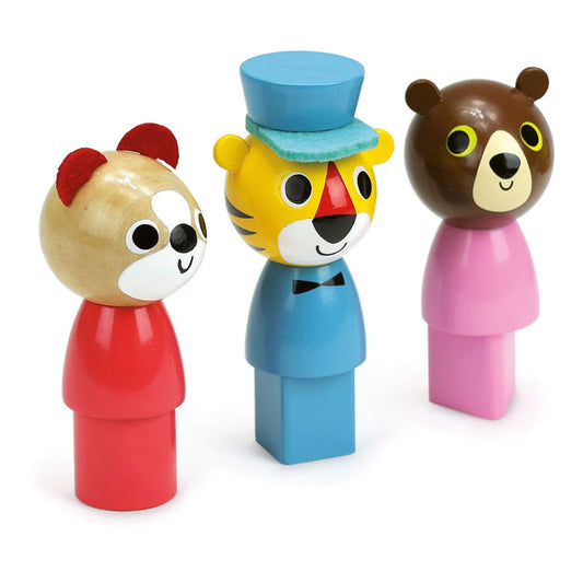 Three wooden animal figures from the Vilac Coach Pull Toy, featuring a tiger, bear, and panda with bright, playful designs for toddlers.