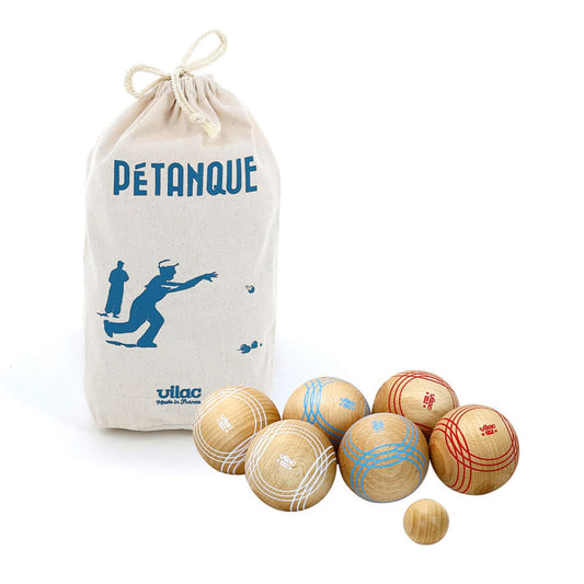 Petanque Balls Set with six wooden balls, a target ball, and a cotton tote bag featuring a classic pétanque design.
