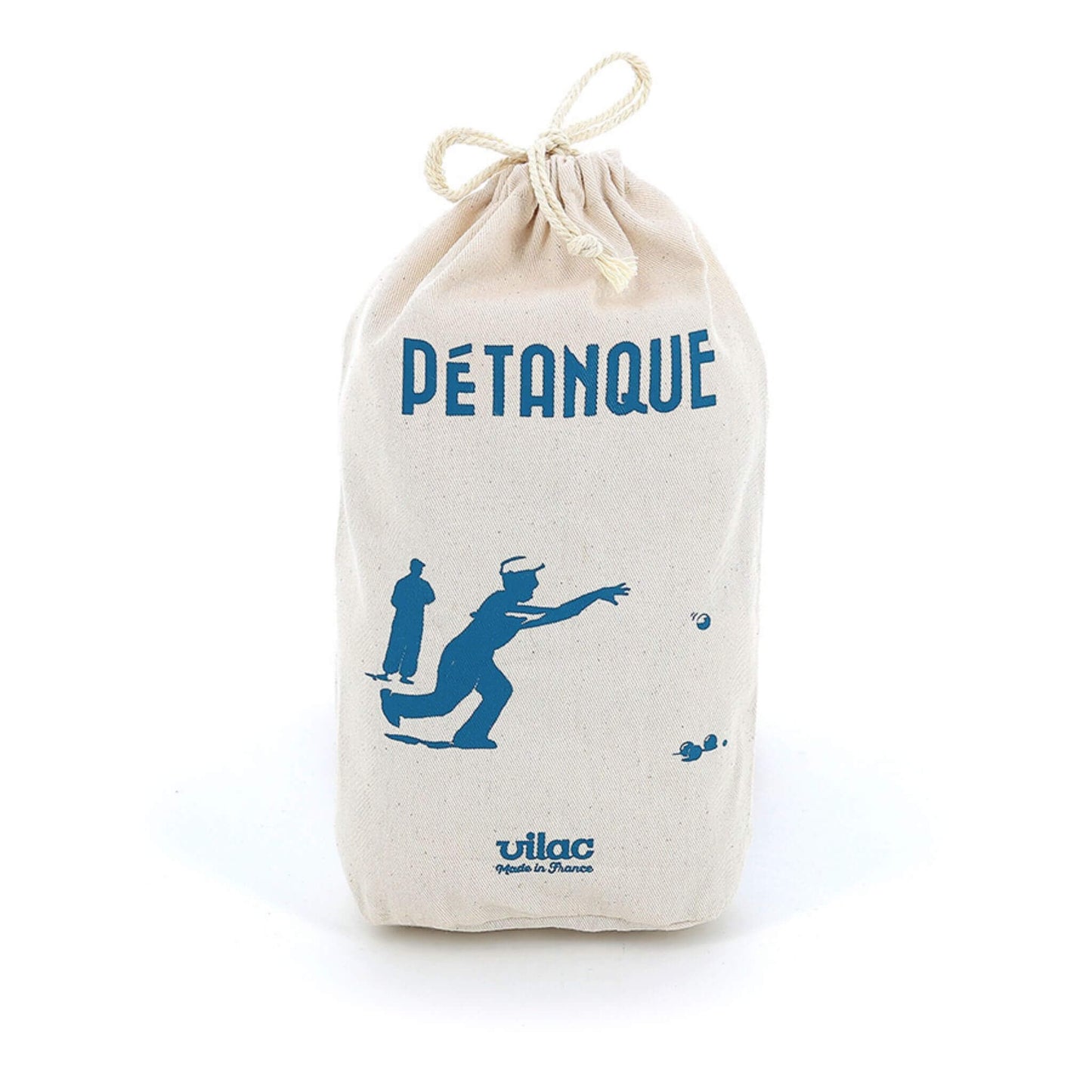 Cotton tote bag filled with Petanque Balls, featuring a blue font design with 'pétanque‘, 'Vilac' Made in France’ branding.