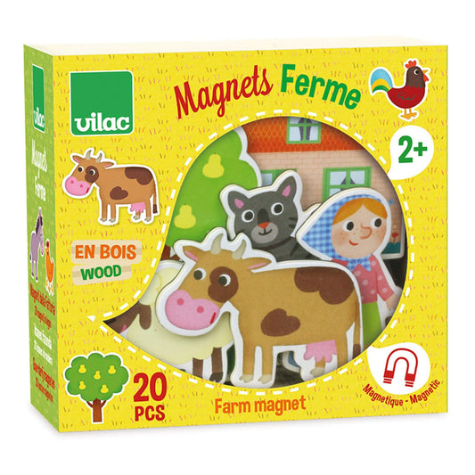 Farm magnets set in colourful boxed packaging, featuring 20 wooden pieces including farm animals, a farmer, trees, and a tractor for creative fun.