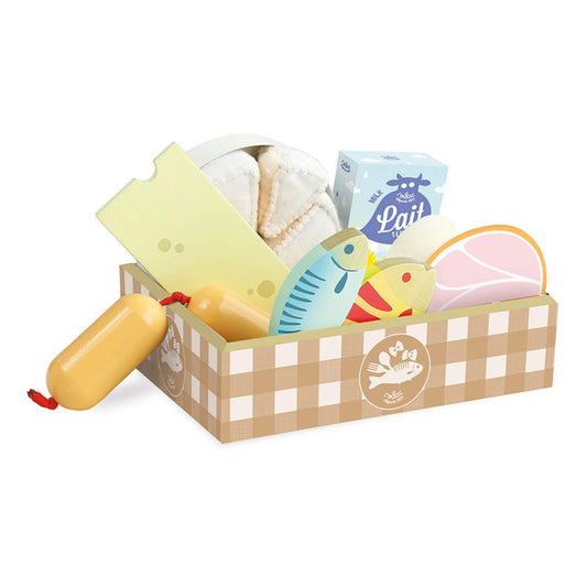 Toy Fish, Ham & Cheese Set in a checkered crate, featuring wooden food pieces including fish, cheese, sausages, ham, and milk.