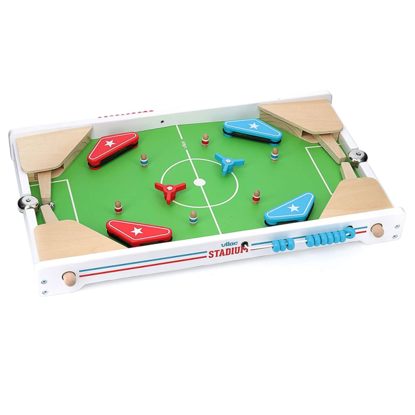 Front view of football pinball game with white frame, green playfield and blue scoring beads.