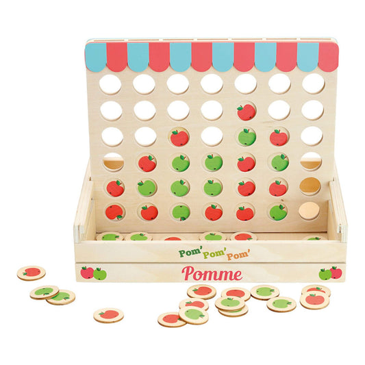 A wooden Four in a Row game with red and green apple-shaped pieces arranged in a natural wood frame, viewed from the front.