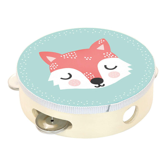 Child's Tambourine with a pastel blue background and fox illustration, designed for kids’ musical fun and skill development.