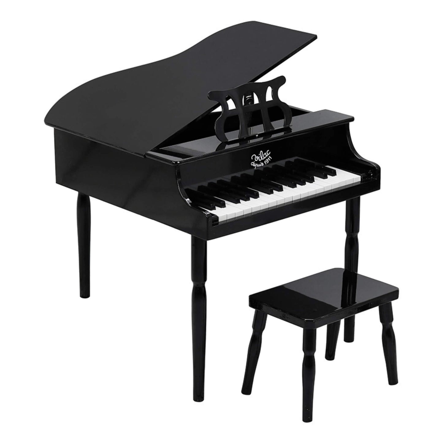 Vilac Black Wooden Grand Toy Piano with matching stool, a miniature grand piano for children aged 3 years and up featuring black and white keys and a music stand.
