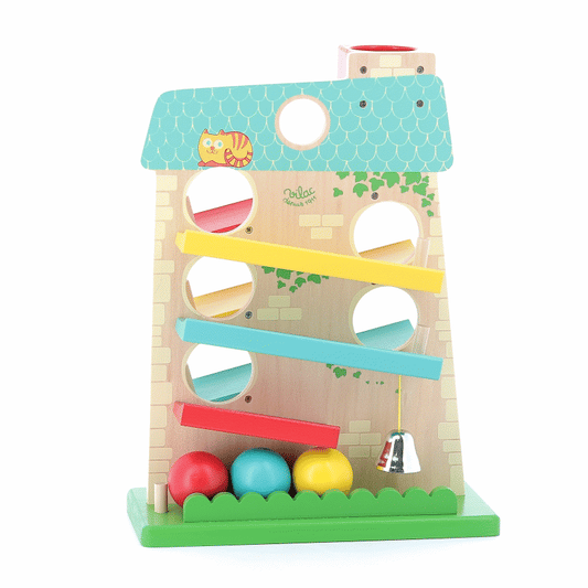 Animated gif of the Vilac House of Balls showing colourful wooden balls rolling down ramps, ringing a bell at the base.