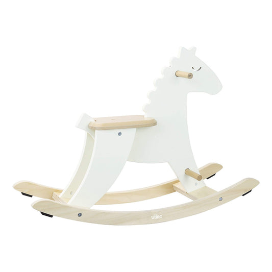 White rocking horse shown from side angle, highlighting the sleek white body, natural wood rockers, and ergonomic seat design for stability and safety.