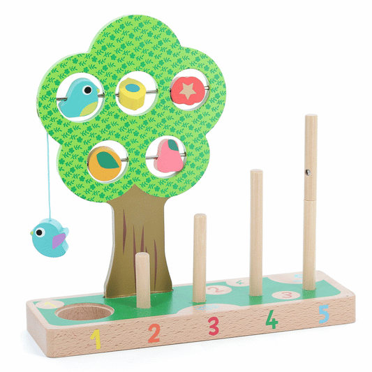 Animated GIF of the Vilac I Learn Counting Vegetables game showing wooden vegetables being stacked on numbered poles.