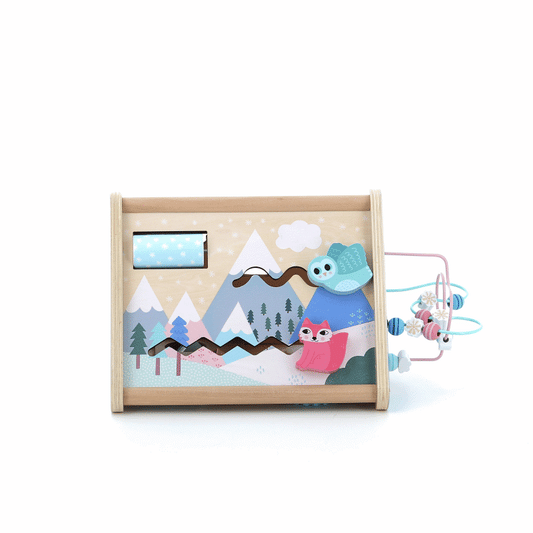 Animated image of the Iceland Early Learning Activity Triangle featuring colourful wooden activities like bead tracks, gears, and animal paths.