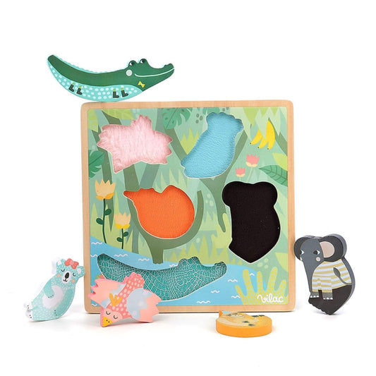 Touch and Feel Puzzle with a wooden board, colourful animal pieces, and textured slots for sensory exploration and play.