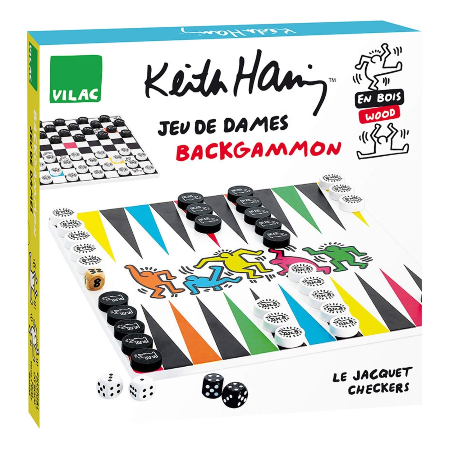 Box of a wooden 2-in-1 board game set showing backgammon and draughts boards decorated with Keith Haring’s signature artwork and bold designs.