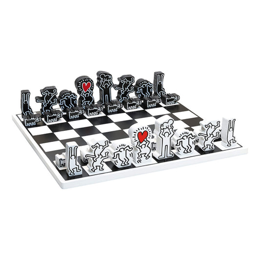 Wooden chess board with black and white chess pieces set in starting positions, featuring playful human and dog designs.