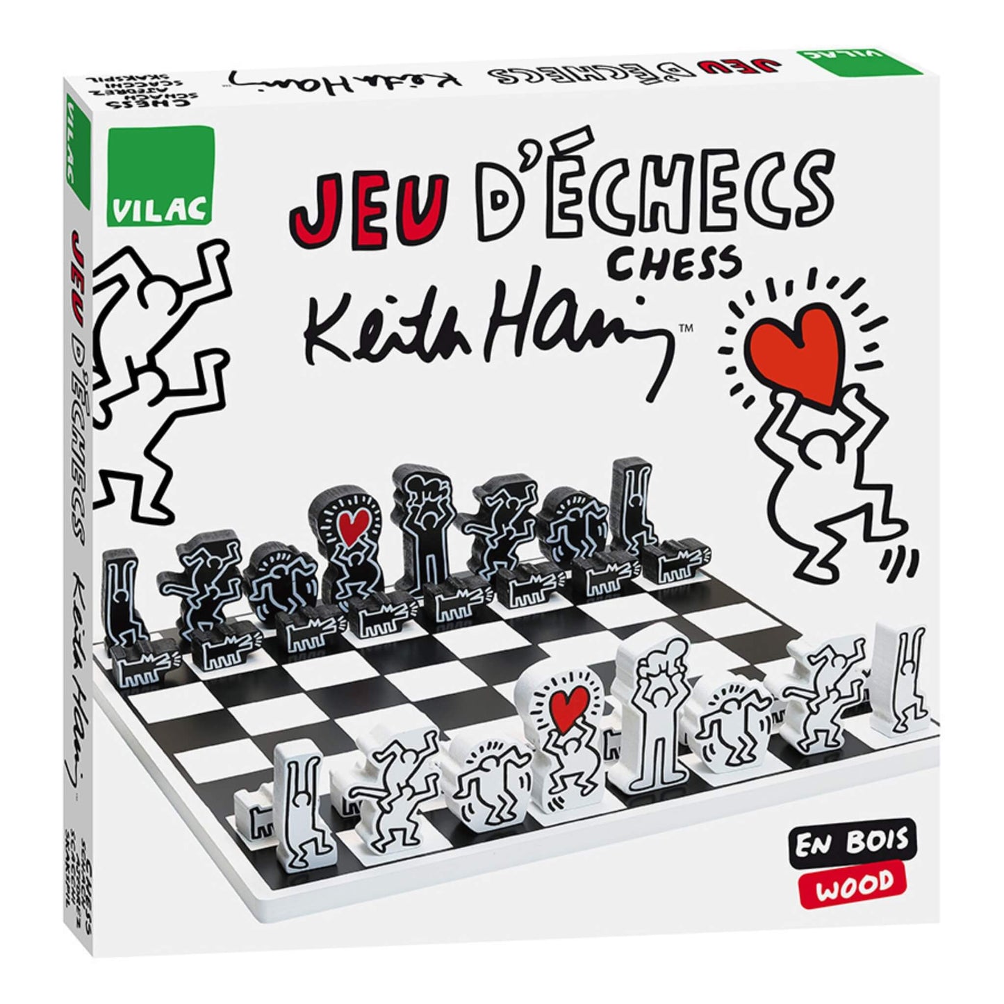 Product box showing a kids wooden chess game with artwork the figures, red heart motif and bold black lettering on white background.
