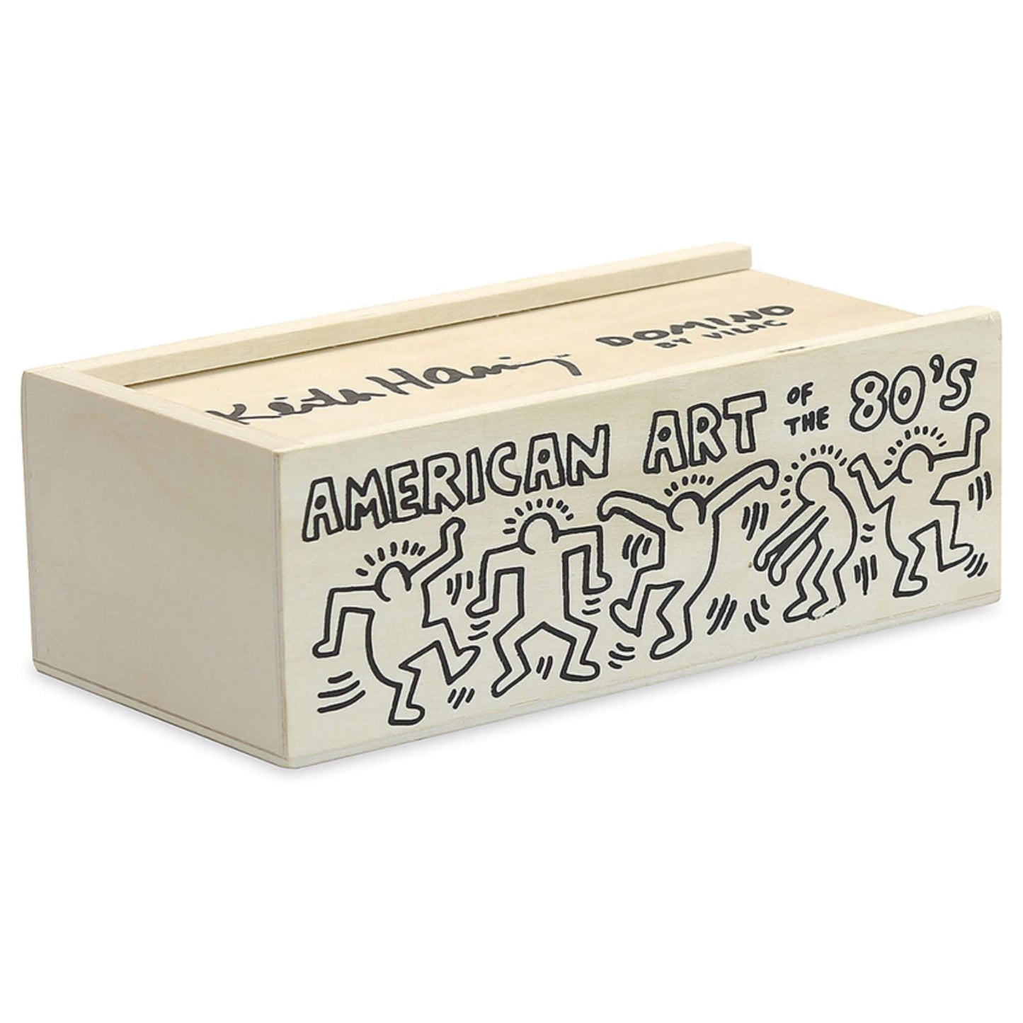 Wooden domino storage box at an angle with black line drawings of dancing figures across the side, shown with the lid closed.