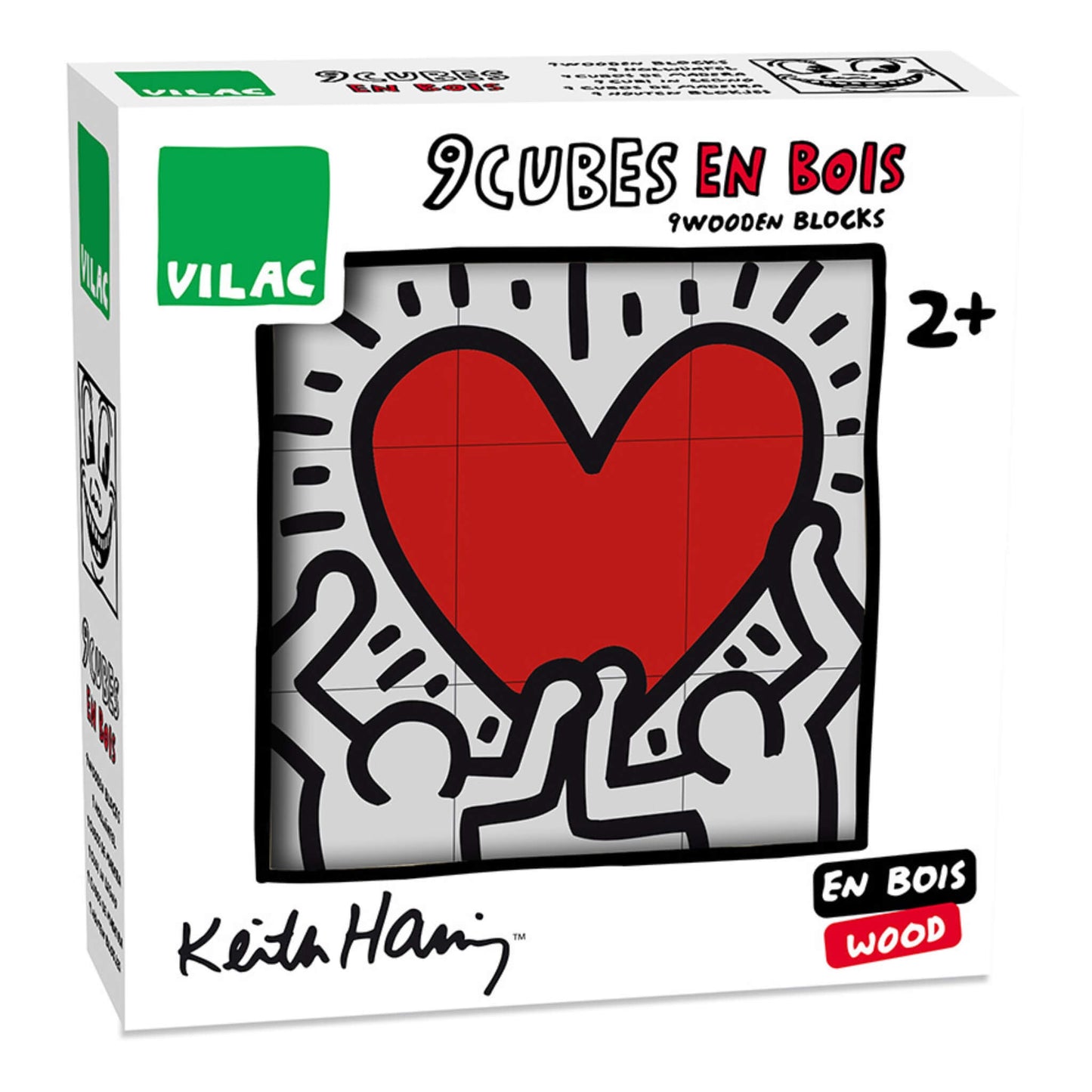 Boxed set of nine wooden cubes with Keith Haring’s red heart illustration on the front, labelled as suitable for children aged 2 and up.