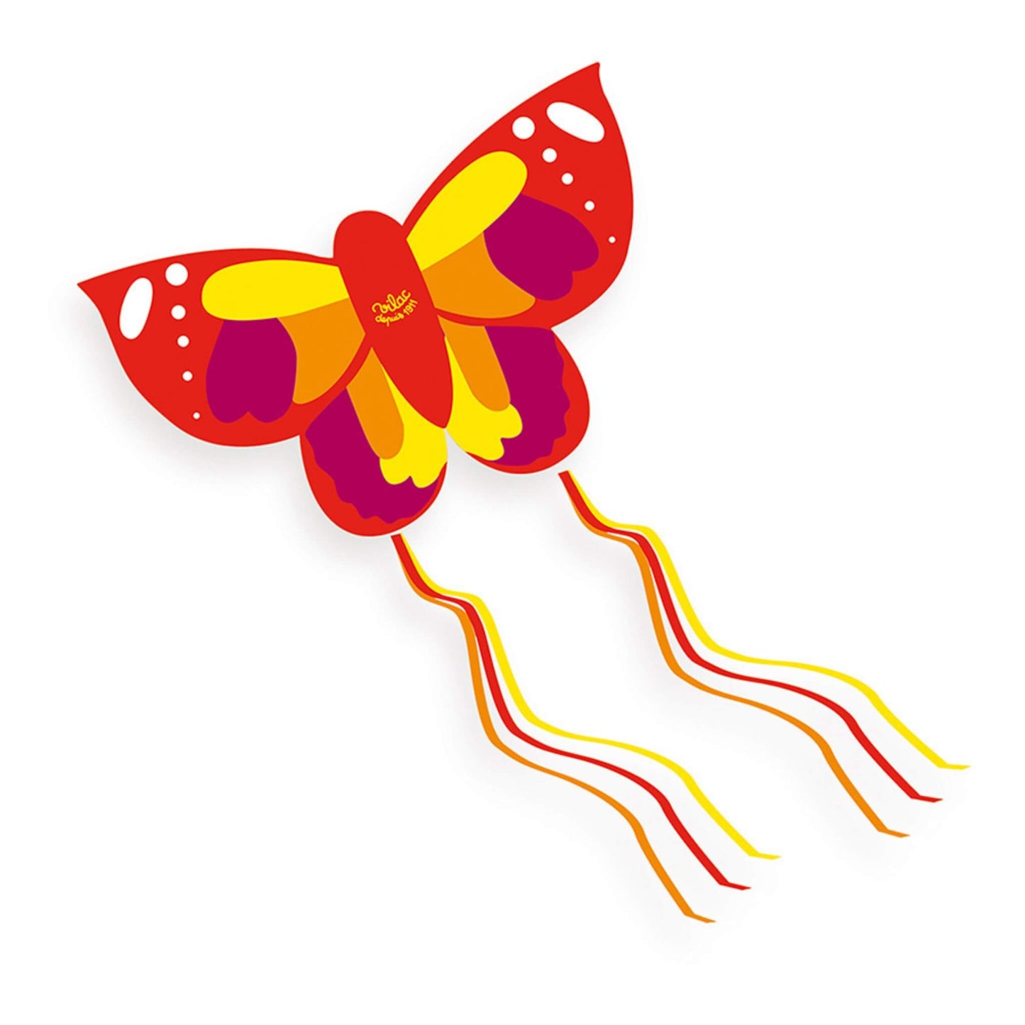 Vilac Butterfly Kite in bright red, yellow and orange with flowing ribbon tails, lightweight children’s outdoor kite shaped like a butterfly.