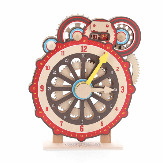 Animated GIF of the Vilac wooden learning clock, showing moving gears and hands that change the digital display to help children learn to tell time.