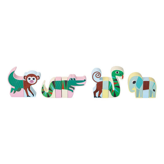 Assembled wooden jungle animal blocks showing complete monkey, crocodile, snake and elephant magnetic toys in bright colours.