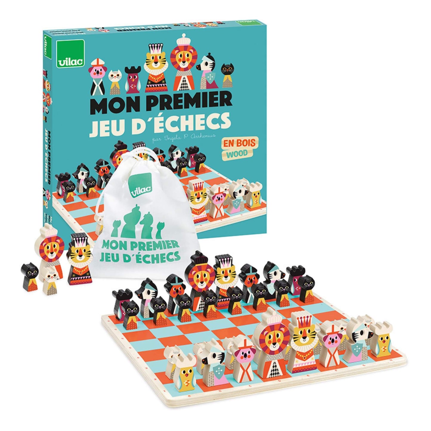 Complete presentation including the set-up chessboard with animal pieces, the illustrated turquoise product box, and the white drawstring storage bag with Vilac branding, shown together as a full set.