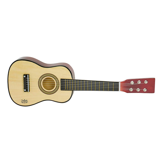 Kids natural wood guitar with six strings and a smooth wooden finish. Ideal for children learning to play or engaging in pretend play.