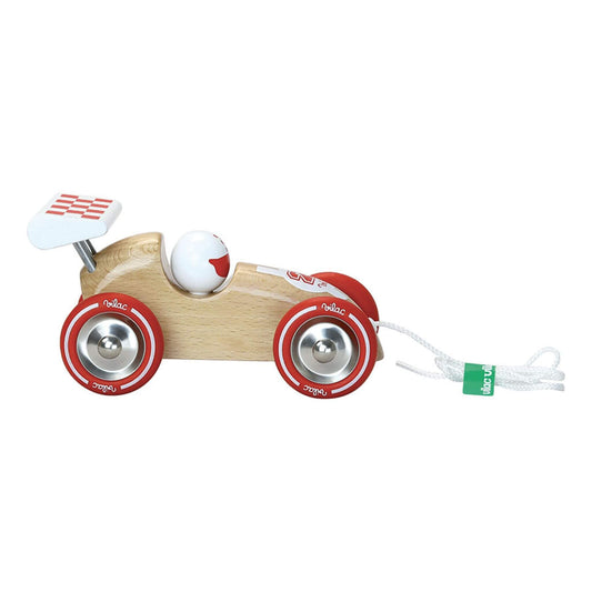 Side view of a wooden pull along race car with red wheels, racing details, checkered spoiler and pull cord for imaginative play