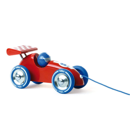 Classic red wooden race car with blue wheels and chequered spoiler, featuring pull-along string for little hands to grasp as they explore.