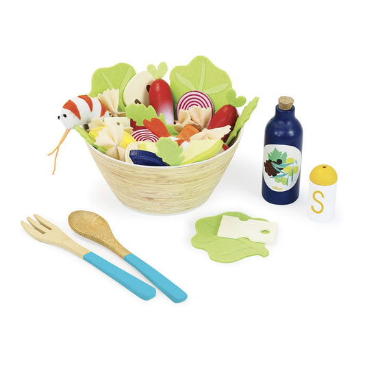 Wooden play salad set featuring realistic vegetable toys, wooden utensils, and miniature condiments arranged in bamboo serving bowl.