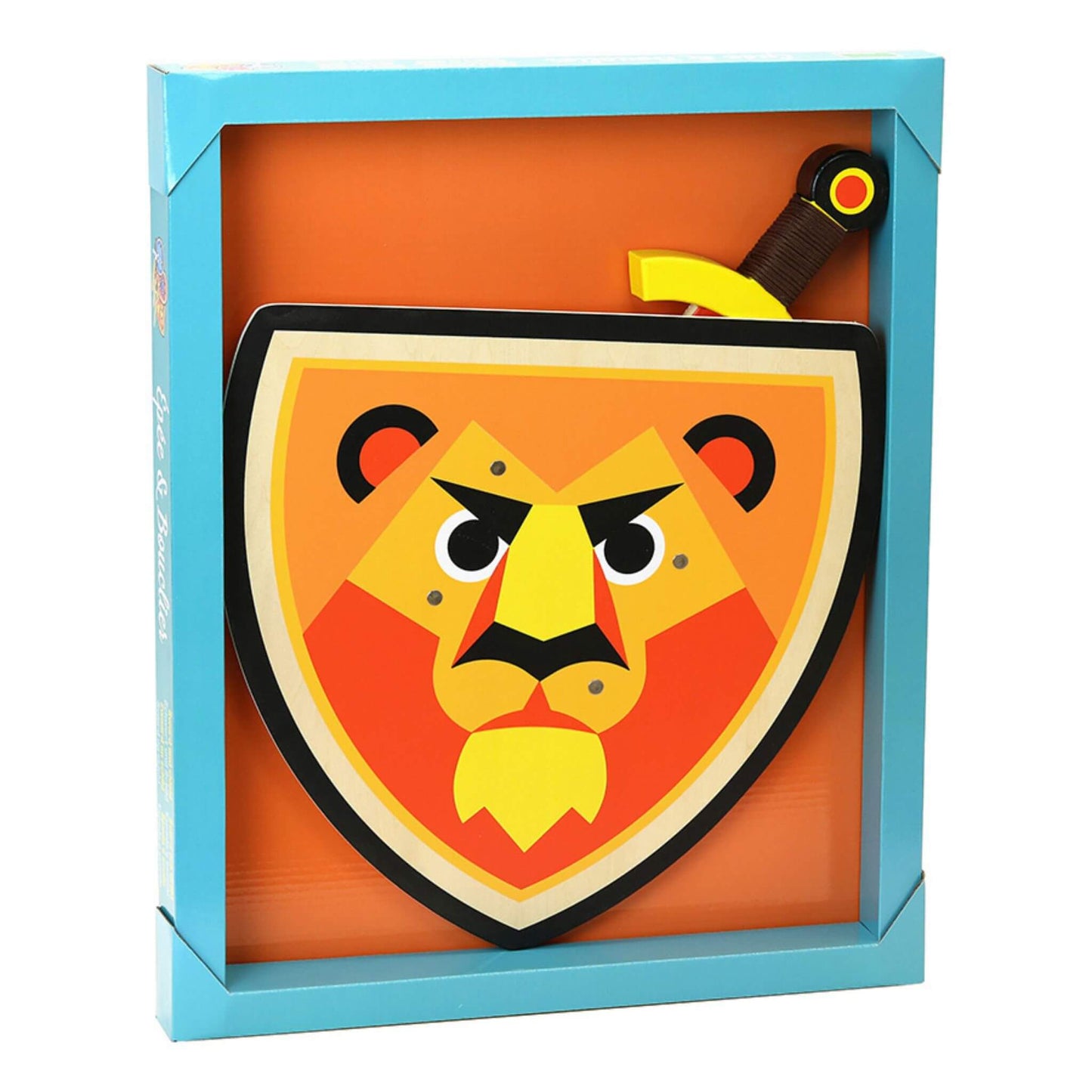 A boxed wooden sword with a yellow hilt and a lion-themed shield, perfect for imaginative play and dressing up.