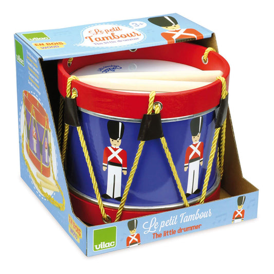 'The Little Drummer' wooden drum toy in retail packaging, displaying toy soldier design and wooden drumsticks for ages 3+.