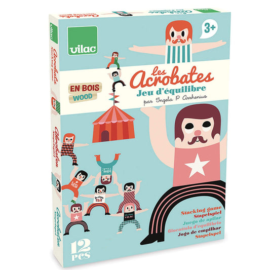 Packaging for a Tightrope Walker stacking game featuring whimsical illustrations by Ingela P Arrhenius and circus-themed details.