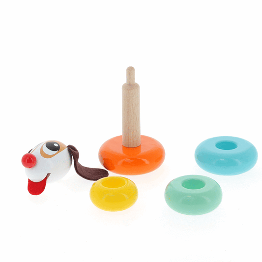Animated GIF of Vilac wooden Toutou stacking toy parts: playful dog topper, wooden post with orange base, and colourful stacking rings in yellow, mint, and blue.