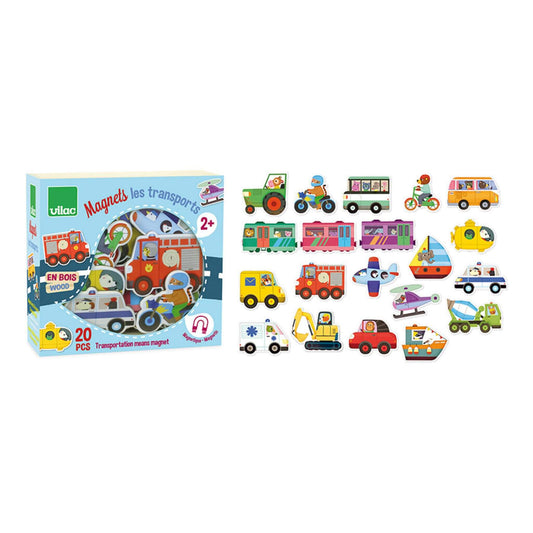 Transport themed magnets set with 20 colourful wooden vehicles, shown besides its packaging, showcasing fun designs for imaginative play.