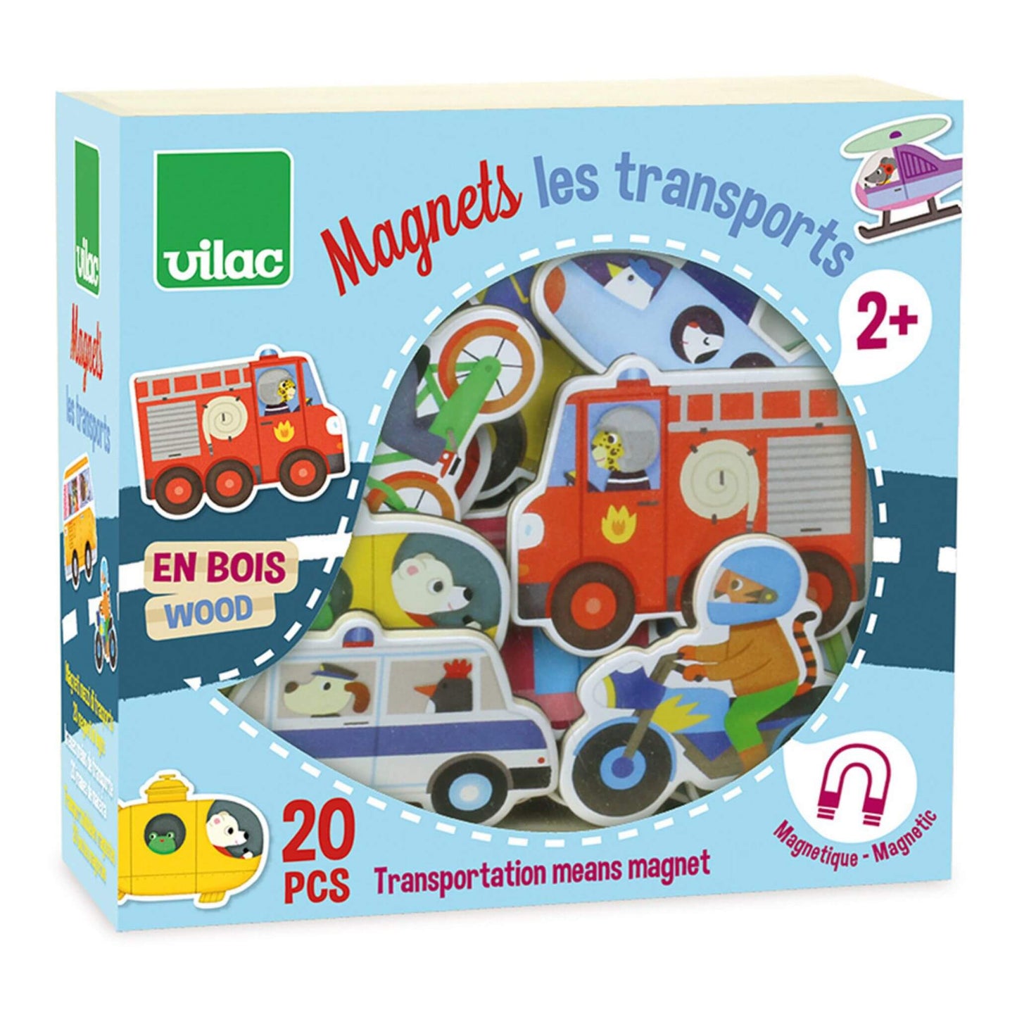 Transport themed Magnets in retail packaging showcasing 20 wooden vehicle magnets, including fire trucks, bikes, and planes, for creative play.