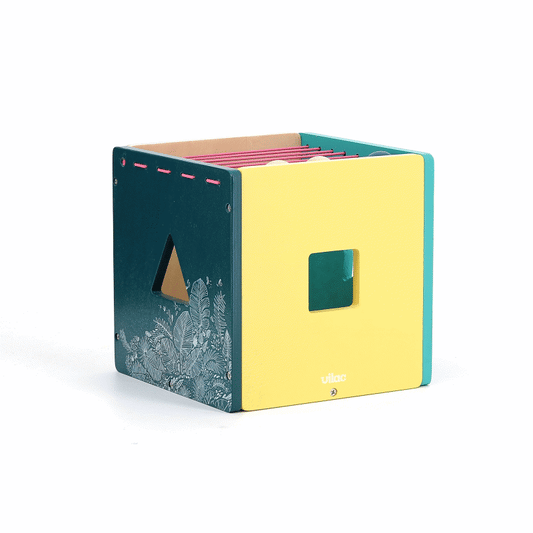 Animated gif of the Vilac Under the Canopy Early Sorting Box featuring colourful wooden sides, elastic strings, and blocks.