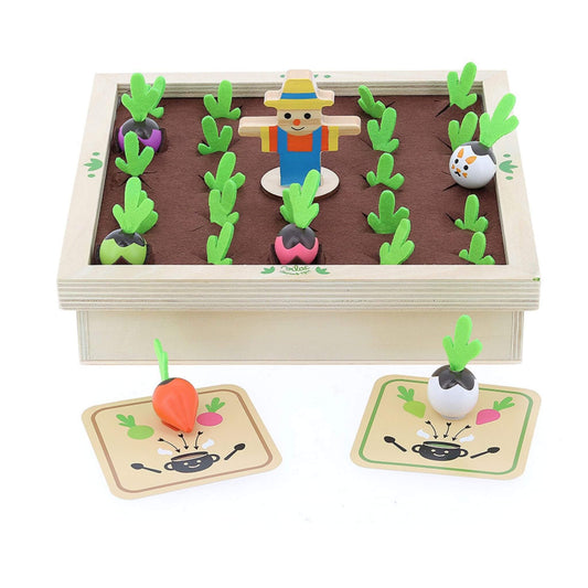 Kid's memory game featuring wooden scarecrow, colourful vegetables and recipe cards for interactive learning and harvesting fun.