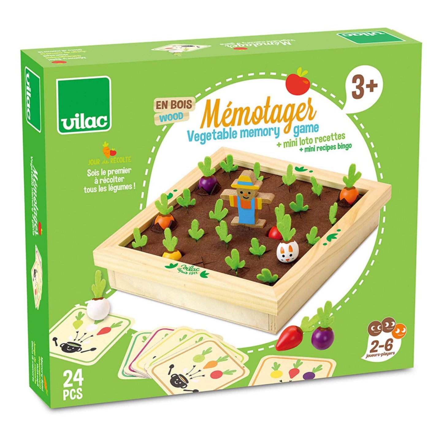 Vegetable garden themed memory game retail box showing wooden garden tray, vegetable pieces, recipe cards and educational play for 2-6 players.
