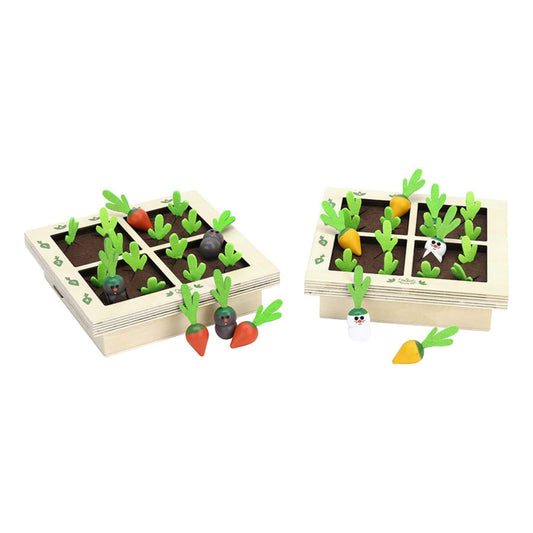 Children's Battleship style game with wooden garden grids and colourful vegetables, blending strategy and imaginative play for kids.