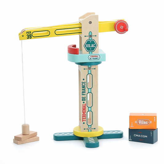 Animated GIF of Vilac Vilacity wooden harbour crane toy featuring bright yellow movable arm, turquoise collar and string pulley system with colourful shipping container blocks.
