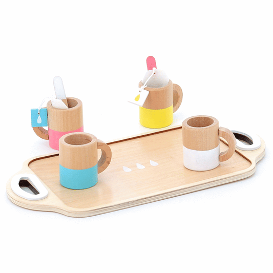 Animated gif of Vilac Wooden Tea Set mugs on a wooden tray.