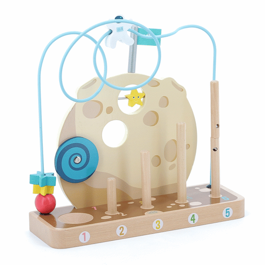 Animated GIF of the Vilac In the Stars Galaxy Counting Game, featuring wooden stacking pegs, a bead maze, and a spinning wheel for kids.