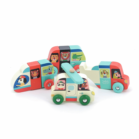 Animated GIF of the Vilac Magnetic Cars set, showing colourful wooden vehicles with interchangeable magnetic pieces being mixed and matched for creative play.