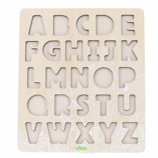 Aimated gif of Wooden alphabet puzzle from Vilac's Under the Canopy collection, encouraging letter recognition and motor skills.