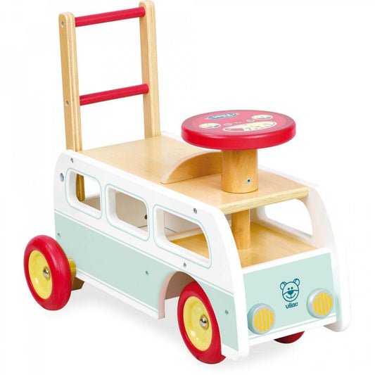 This beautifully designed retro campervan style wooden 2 in 1 walker and ride on from Vilac comes with a compartment for little ones to carry small toys or comforters around with them.