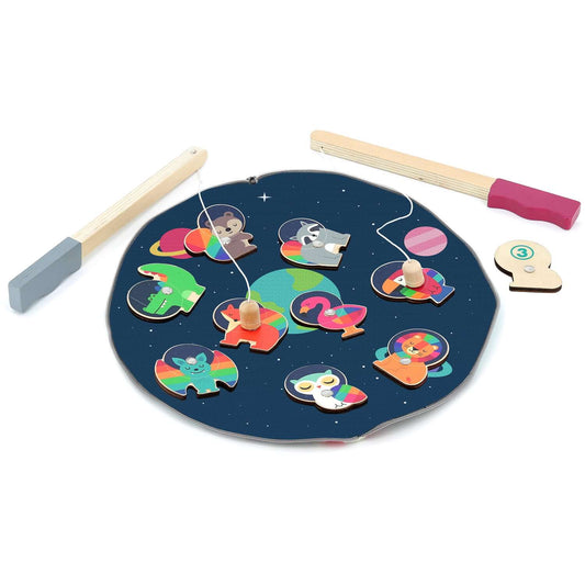 Stylish wooden and fabric space fishing game. Includes 2 magnetic rods, 10 animal pieces and a storage ship.