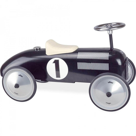 Retro inspired Vilac classic racing ride-on car. Features a durable metal construction, a comfortable seat and a stylish metal steering wheel. 