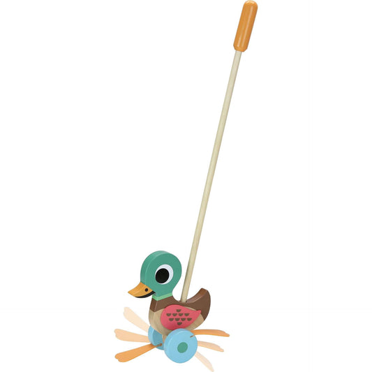Classic duck push along toy with a colourful vintage design. Duck comes with spinning wheels and flappy orange feet.