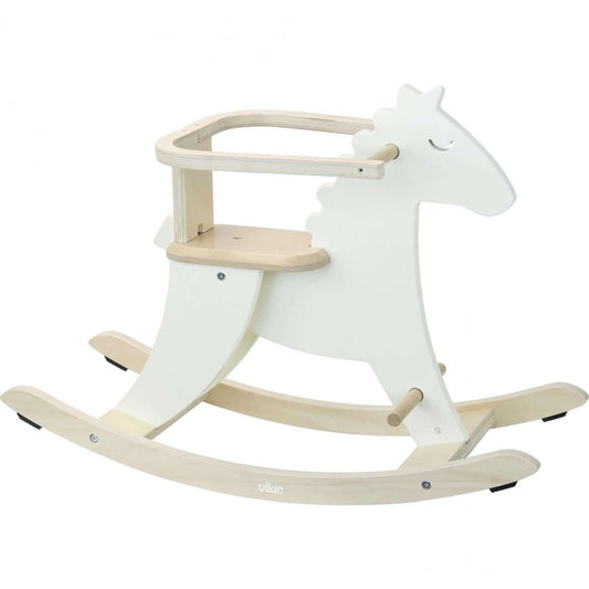 Wooden rocking horse with detachable safety hoop.